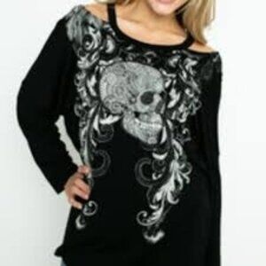 Vocal Apparel Skull Top Black Long Sleeve Cut Out Shoulder Bling Black Sz S